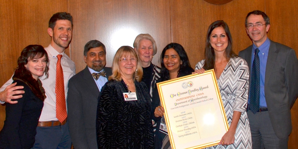 From left: Julie Moniz, CRNA; Keith Denison, CRNA; Dr. Vinod Malhotra; Beryl Muniz, RN; Eleanor Bradley, CRNA; Dr. Aarti Sharma; Kerry Halleran, CRNA; Dr. Hugh Hemmings