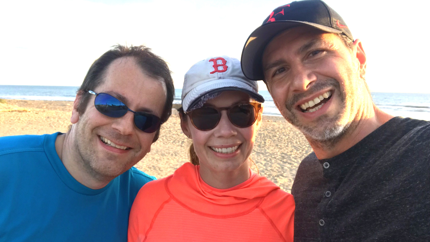 From left: Drs. Alessio Accardi, Crina Nimigean and Simon Scheuring enjoy Ventura Beach during the 2018 Gordon Research Conference.