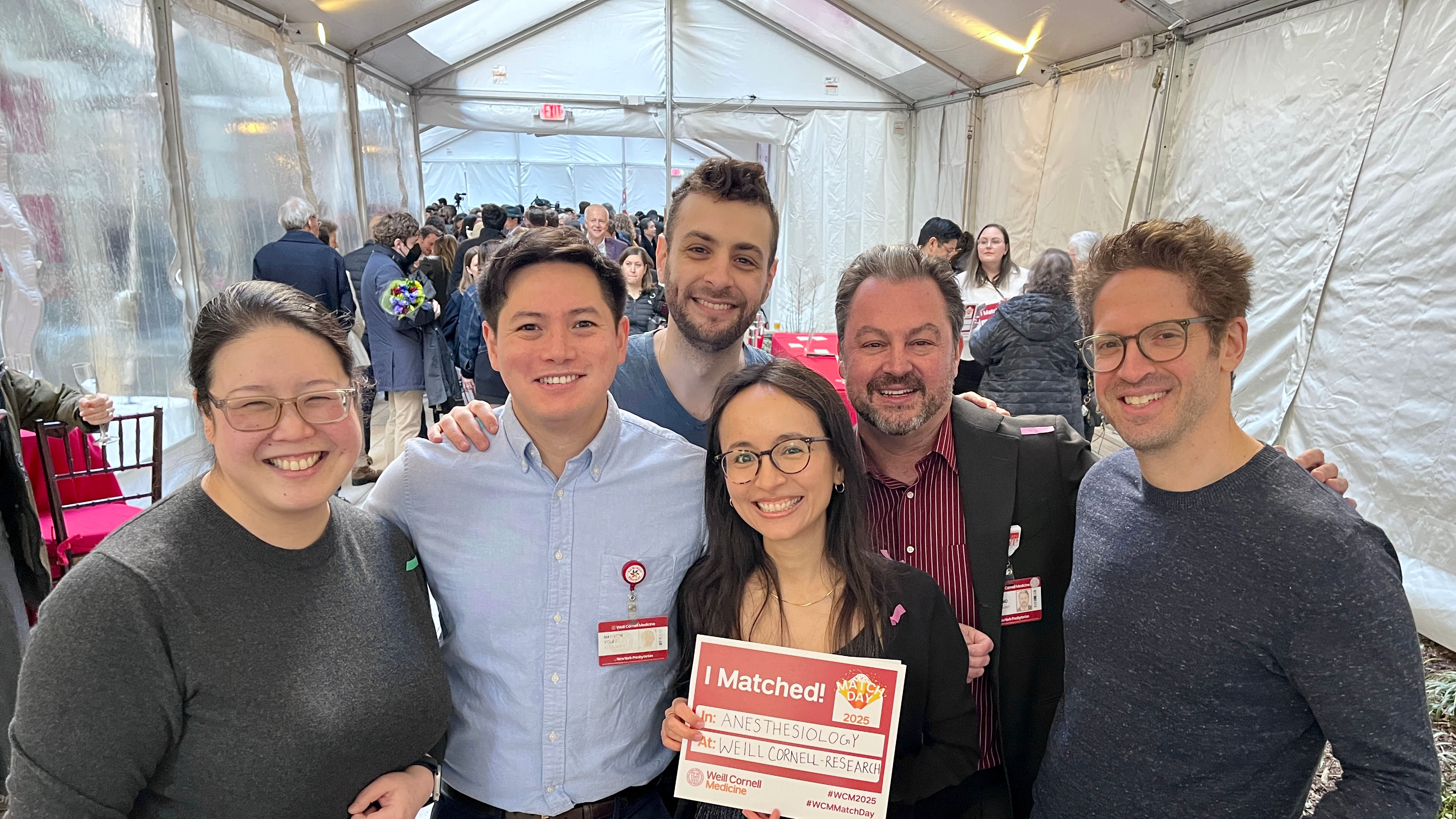 Drs. June Chan, Kane Pryor and Eric Brumberger greet new residents Drs. Matthew Velez, Daniel Stor and Camila Villasante (center). Match Day 2025