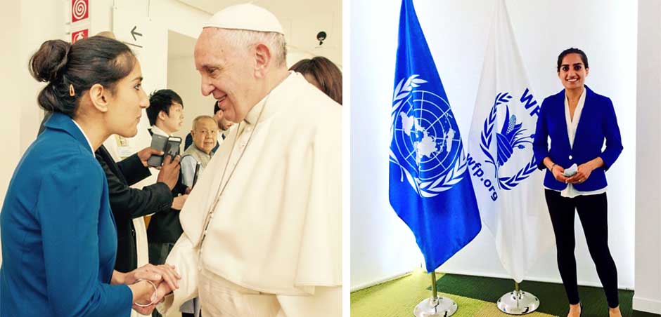 Dr. Gunisha Kaur meets Pope Francis at the World Food Programme summit. Photo on left by Giulio D'Adamo. Photo on right courtesy of Dr. Kaur.