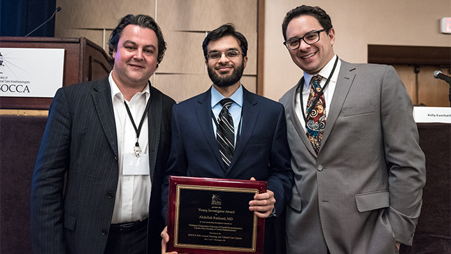 Dr. Abdullah Rasheed is the 2017 SOCCA Young Investigator Award winner. From left, Drs. Kane Pryor, Abdullah Rasheed and Zachary Turnbull.